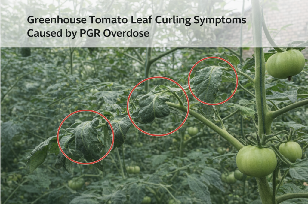 greenhouse tomato leaf curling symptoms caused by PGR overdose